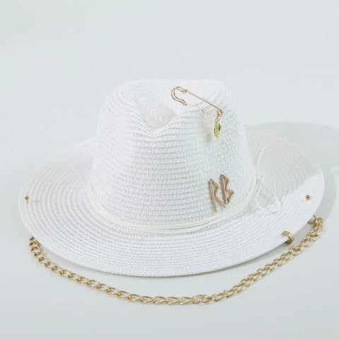Fashionable Metal Letter Straw Hats for Women Men Summer Outdoor Holidays Beach Sun Hat Panama Hat