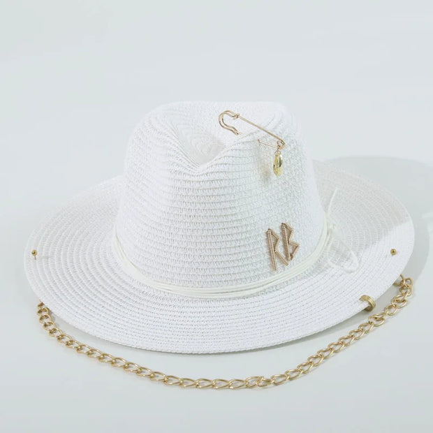 Fashionable Metal Letter Straw Hats for Women Men Summer Outdoor Holidays Beach Sun Hat Panama Hat