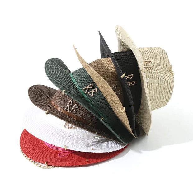 Fashionable Metal Letter Straw Hats for Women Men Summer Outdoor Holidays Beach Sun Hat Panama Hat