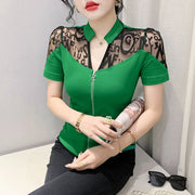 Summer European Clothes Sexy V Necks T-Shirt Women Embroidery Lace Front Zipper Slim Tops