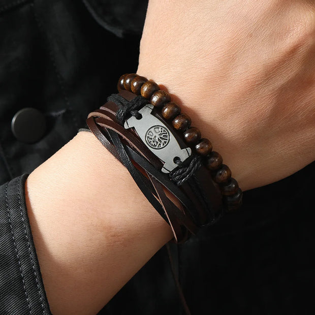 Punk Casual Bead6 Pc/set Tree Black Khaki Handmade Men Bracelets Male Women Leather Bracelets Men Bangle Wholesale Jewelry Gift