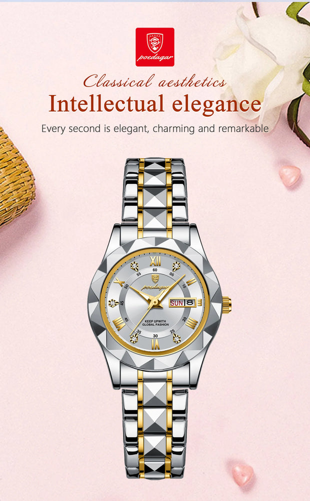 POEDAGAR Luxury Quartz Watch for Ladies Waterproof Luminous Date Week Stainless Steel Women Watches Elegant Dress WristWatch+box
