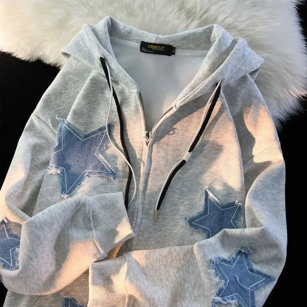 Streetwear Hoodies Women Stars Print Fashion Oversized Outwear Harajuku Casual Hooded Zipper Sweatshirt Jacket Korean Y2k Tops