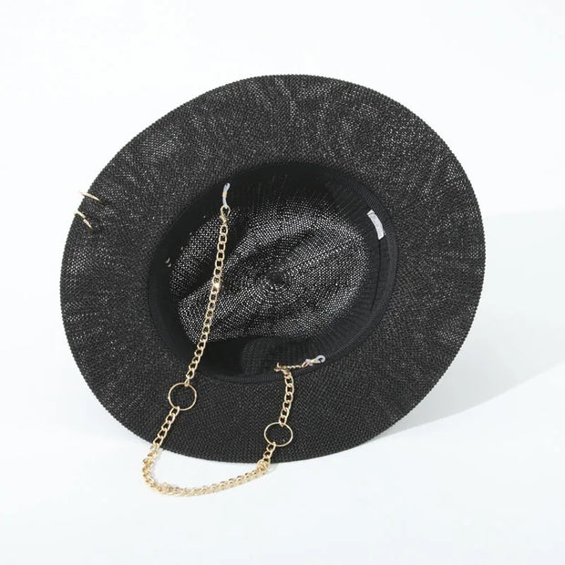 Fashionable Metal Letter Straw Hats for Women Men Summer Outdoor Holidays Beach Sun Hat Panama Hat