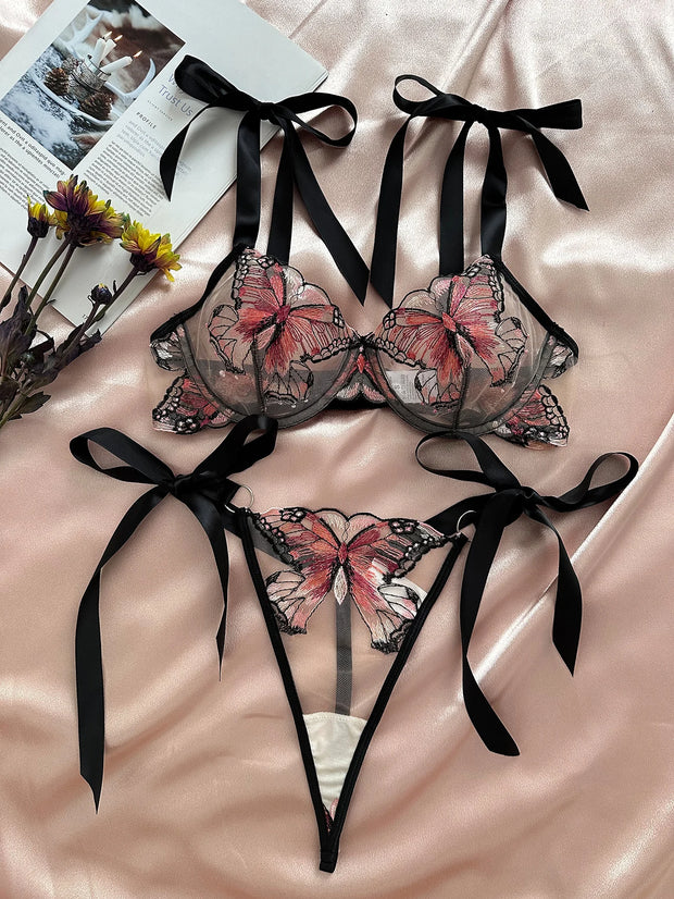 Ellolace Butterfly Lingerie Fancy Lace Delicate Underwear Fairy Embroidery Sheer Exotic Sets Bowknot Bilizna Hot Girl Underwear