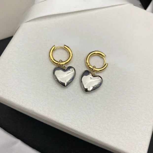 Statement Minimalist Gold Silver Color Mixed Solid Heart Pendant Hoop Earrings Street Style Korean Fashion Jewelry Accessories
