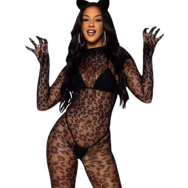 Women Sexy Crotchless Lingerie Set Lace Floral Transparent Bodystocking Erotic Bodysuit Mesh Hollow Out Underwear Teddy Bra Sets