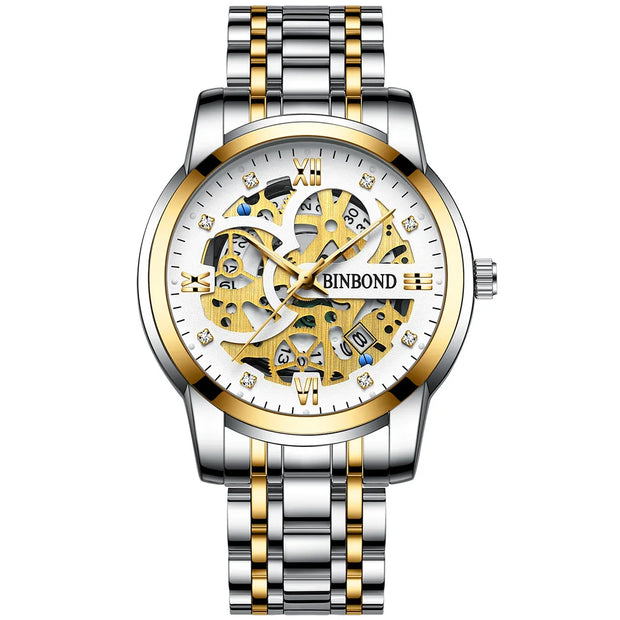 BINBOND Business New Automatic Non-Mechanical Quartz Watches 30M Waterproof Luminous Tourbillon Trendy Hollow Design Men Watches