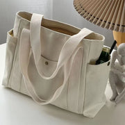 Canvas Commuter Women's Bag Large Capacity Multi Outer Pocket Zip Shoulder Bag Student Shopping Tote Bag