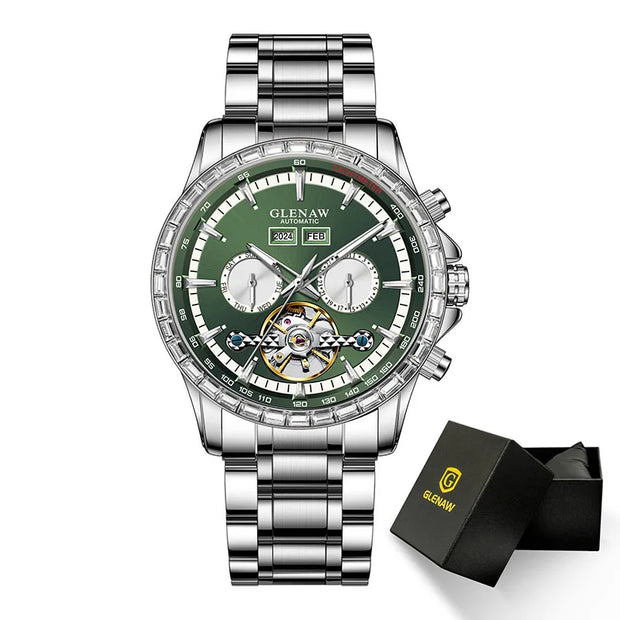 2025 Year Month Sunday Multi-functional Mechanical Watch GLENAW Watch Diamond Circle Stainless Steel Waterproof Luminous Watches