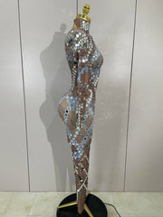 Sexy Shiny Silver Sequins Mirror Black Spandex Jumpsuit 2025 Women Prom Dancer Singer Costume Evening Birthday Show Stage Outfit