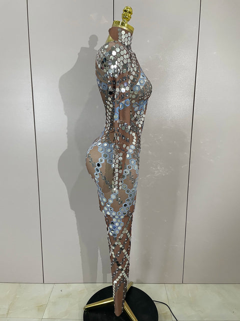 Sexy Shiny Silver Sequins Mirror Black Spandex Jumpsuit 2025 Women Prom Dancer Singer Costume Evening Birthday Show Stage Outfit