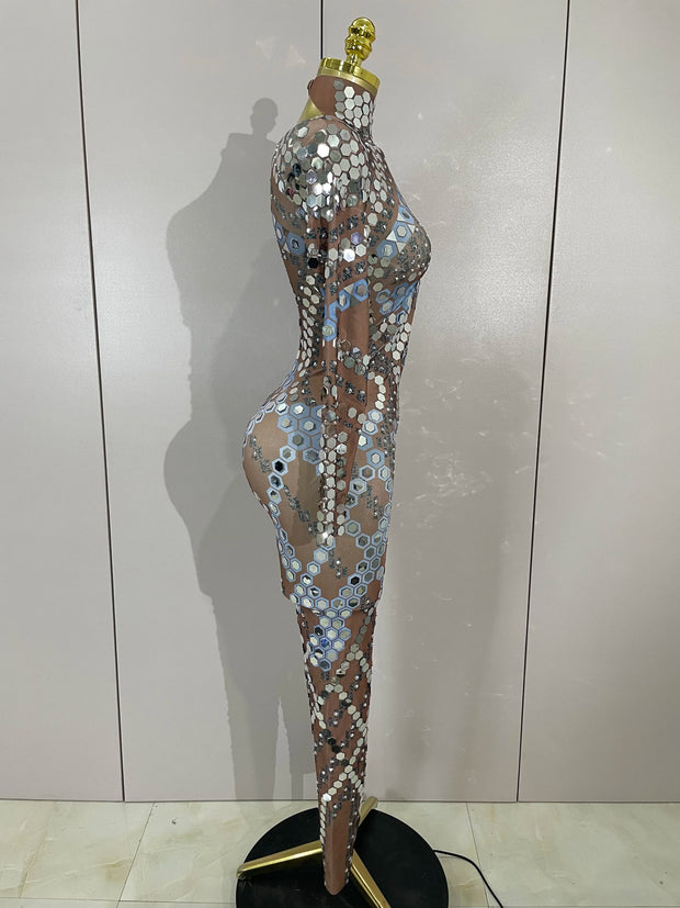 Sexy Shiny Silver Sequins Mirror Black Spandex Jumpsuit 2025 Women Prom Dancer Singer Costume Evening Birthday Show Stage Outfit