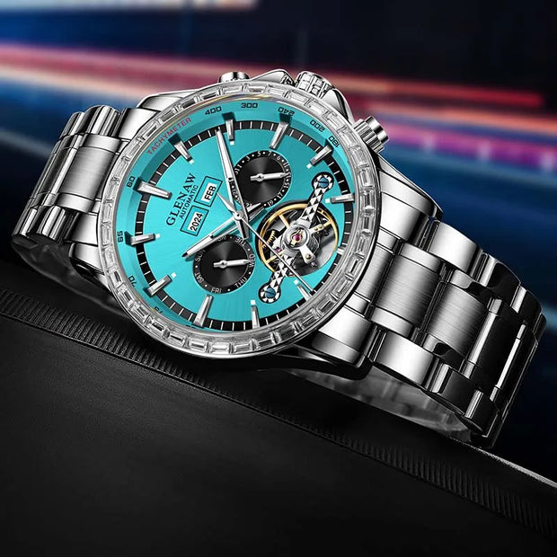 2025 Year Month Sunday Multi-functional Mechanical Watch GLENAW Watch Diamond Circle Stainless Steel Waterproof Luminous Watches
