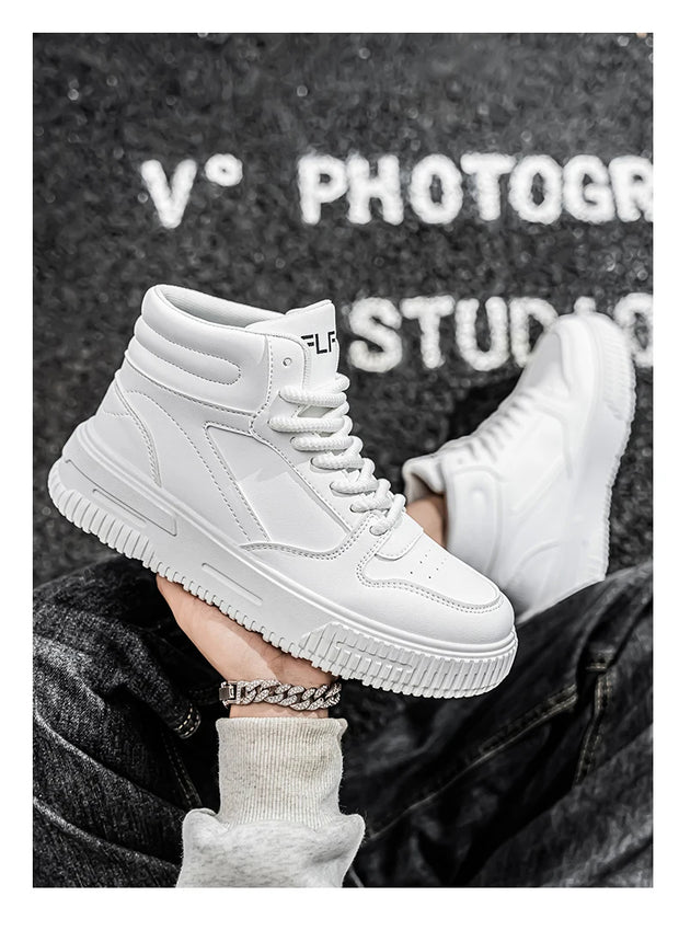 PU Leather Footwear Men Casual Shoes High Top White Breathable Footwear Shock-absorber Platform Hidden Increasing Sneakers