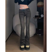 Flare Gray Pants for Woman Bell Bottom Women's Jeans Flared with Pockets Trousers Low Rise Waist 2000s Y2k Good Quality R Summer