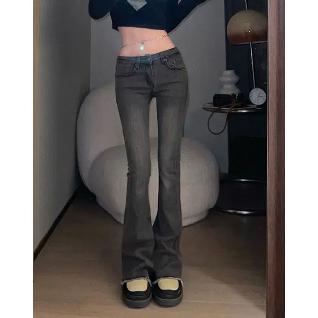Flare Gray Pants for Woman Bell Bottom Women's Jeans Flared with Pockets Trousers Low Rise Waist 2000s Y2k Good Quality R Summer