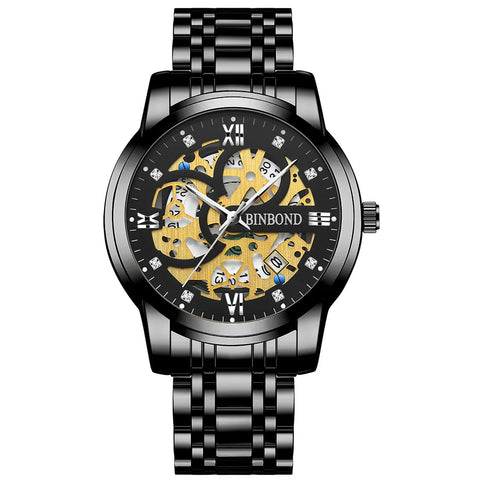 BINBOND Business New Automatic Non-Mechanical Quartz Watches 30M Waterproof Luminous Tourbillon Trendy Hollow Design Men Watches