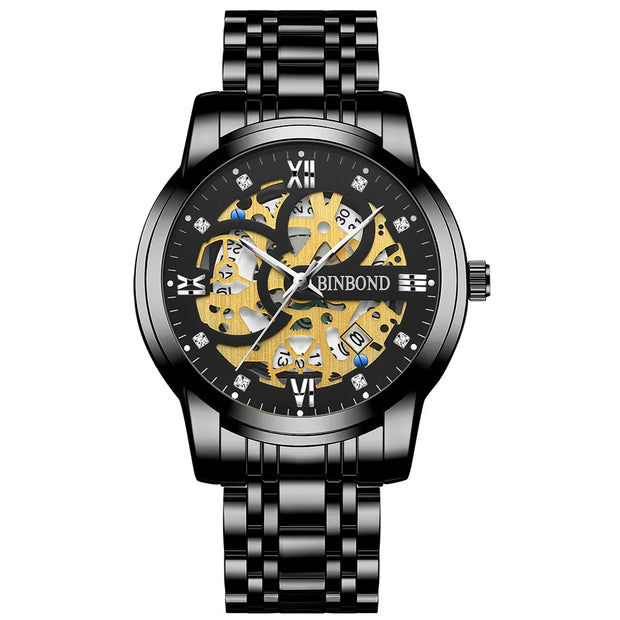 BINBOND Business New Automatic Non-Mechanical Quartz Watches 30M Waterproof Luminous Tourbillon Trendy Hollow Design Men Watches
