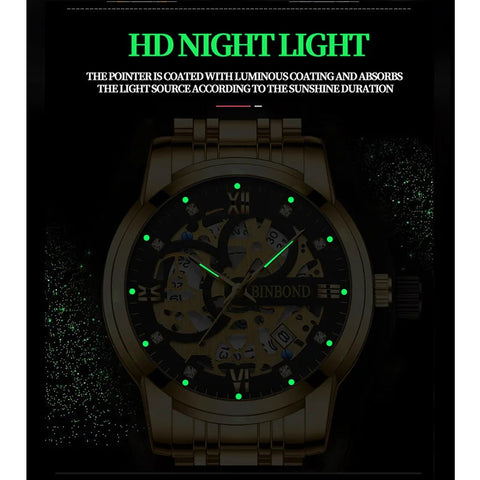 BINBOND Business New Automatic Non-Mechanical Quartz Watches 30M Waterproof Luminous Tourbillon Trendy Hollow Design Men Watches