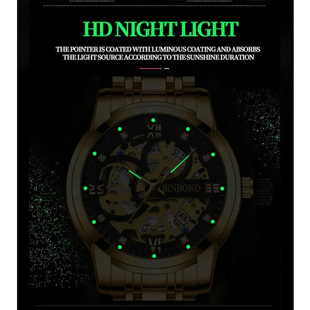 BINBOND Business New Automatic Non-Mechanical Quartz Watches 30M Waterproof Luminous Tourbillon Trendy Hollow Design Men Watches
