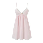 2023 Sexy Pink Spliced Embroidery Lace Deep V neck Mini Sling Dress Women Adjust Bow Ribbon Back Backless Party Robe Holiday
