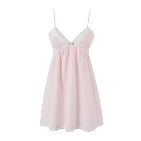 2023 Sexy Pink Spliced Embroidery Lace Deep V neck Mini Sling Dress Women Adjust Bow Ribbon Back Backless Party Robe Holiday