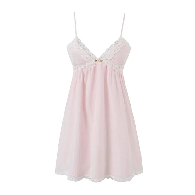 2023 Sexy Pink Spliced Embroidery Lace Deep V neck Mini Sling Dress Women Adjust Bow Ribbon Back Backless Party Robe Holiday