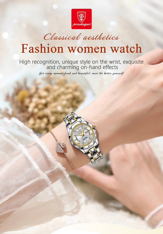 POEDAGAR Luxury Quartz Watch for Ladies Waterproof Luminous Date Week Stainless Steel Women Watches Elegant Dress WristWatch+box