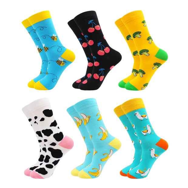 6 Pairs Fashion Casual Women and Men Socks Art Van Gogh Stripe Harajuku Fruit Animal Sloth Beer Funny Socks Dress Cotton Socks