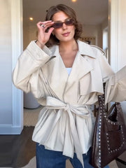 Lace Up Trench Coat With Belt Suit Collar Waist Cinched Slimming Drop Shoulder Short Windbreaker Jacket Retro Casual Outwear