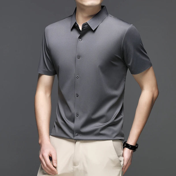 New Men's Business Casual Solid Color Short Sleeved Shirt for Summer Fashion No Ironing Comfortable and Versatile Top