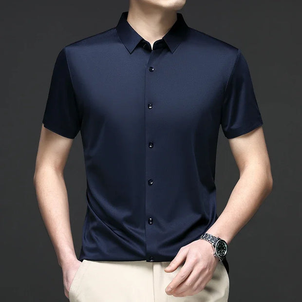 New Men's Business Casual Solid Color Short Sleeved Shirt for Summer Fashion No Ironing Comfortable and Versatile Top