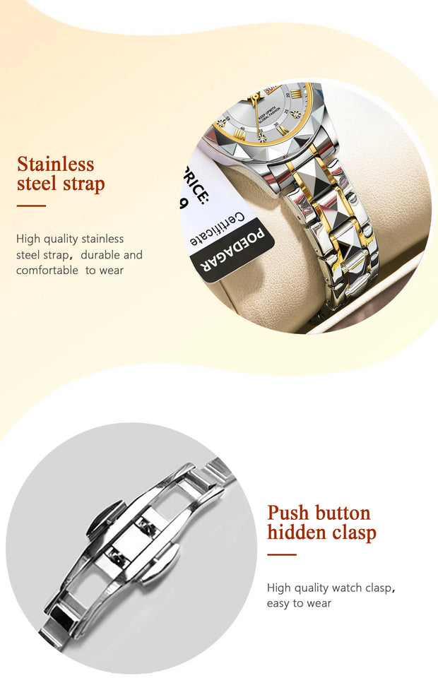 POEDAGAR Luxury Quartz Watch for Ladies Waterproof Luminous Date Week Stainless Steel Women Watches Elegant Dress WristWatch+box