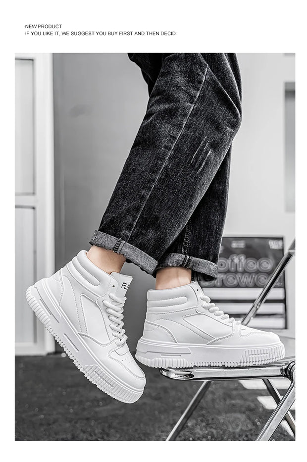PU Leather Footwear Men Casual Shoes High Top White Breathable Footwear Shock-absorber Platform Hidden Increasing Sneakers