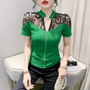 Summer European Clothes Sexy V Necks T-Shirt Women Embroidery Lace Front Zipper Slim Tops