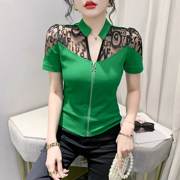 Summer European Clothes Sexy V Necks T-Shirt Women Embroidery Lace Front Zipper Slim Tops