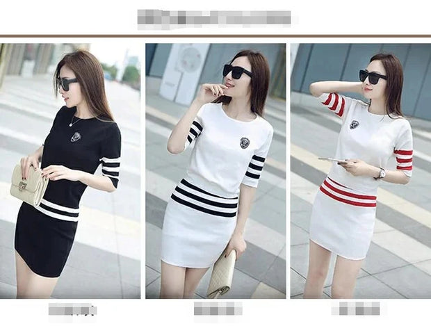 Women's Short Hip Wrap Skirt Suit 2024 Spring Summer New Fashion Stripe Knitted Crop Tops Dress Two Piece Set For Women Clothing