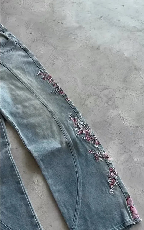 Y2k Vintage Baggy Cherry Blossom Knight Embroidery Jeans Fashion Men Women Streetwear Straight Wide Leg Patchwork Denim Pants