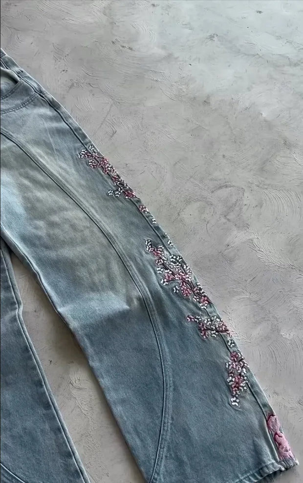 Y2k Vintage Baggy Cherry Blossom Knight Embroidery Jeans Fashion Men Women Streetwear Straight Wide Leg Patchwork Denim Pants