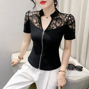 Summer European Clothes Sexy V Necks T-Shirt Women Embroidery Lace Front Zipper Slim Tops