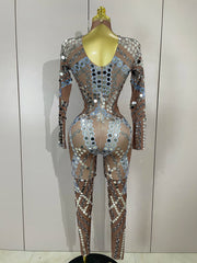 Sexy Shiny Silver Sequins Mirror Black Spandex Jumpsuit 2025 Women Prom Dancer Singer Costume Evening Birthday Show Stage Outfit