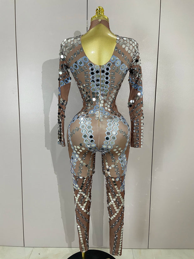 Sexy Shiny Silver Sequins Mirror Black Spandex Jumpsuit 2025 Women Prom Dancer Singer Costume Evening Birthday Show Stage Outfit