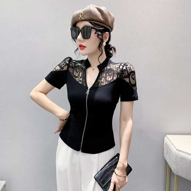 Summer European Clothes Sexy V Necks T-Shirt Women Embroidery Lace Front Zipper Slim Tops