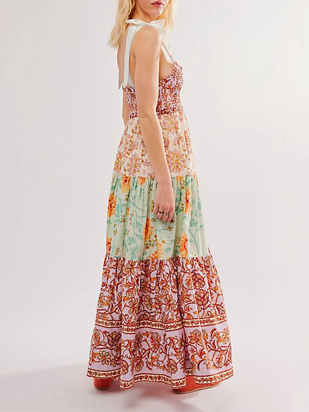 Imcute Women Summer Dresses Flowy Smocked Maxi Dress Sleeveless Tie Shoulder Boho Dresses Y2K Floral Beach Sundresses