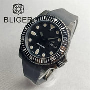 BLIGER 40mm 3.8 O'clock Crown Watch For Men NH36 Movement Week-day Display Function Full Black PVD Case Rubber Strap Waterproof