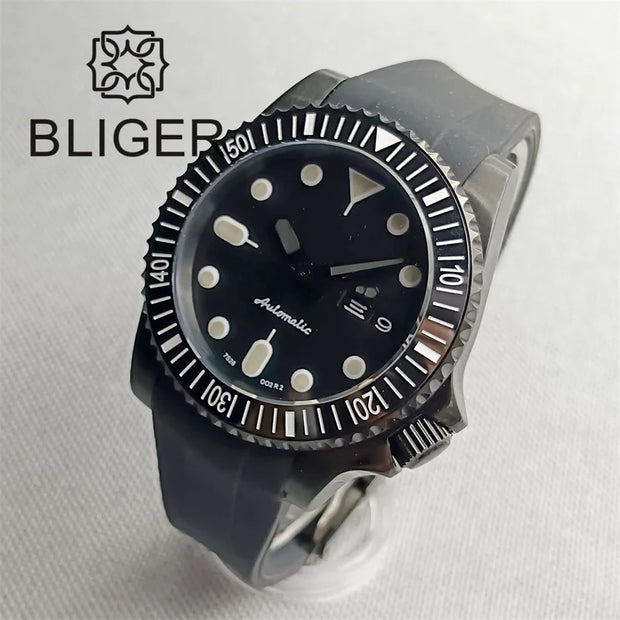 BLIGER 40mm 3.8 O'clock Crown Watch For Men NH36 Movement Week-day Display Function Full Black PVD Case Rubber Strap Waterproof