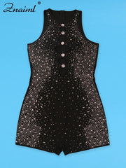 Znaiml Crystal Rhinestone Black Short Jumpsuit Club Outfits Women Sleeveless Hollow Out One Pieces Rompers Playsuits Birthday