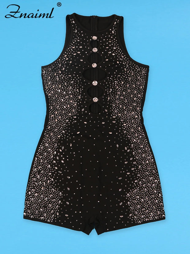 Znaiml Crystal Rhinestone Black Short Jumpsuit Club Outfits Women Sleeveless Hollow Out One Pieces Rompers Playsuits Birthday
