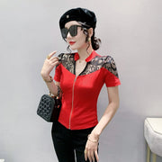 Summer European Clothes Sexy V Necks T-Shirt Women Embroidery Lace Front Zipper Slim Tops